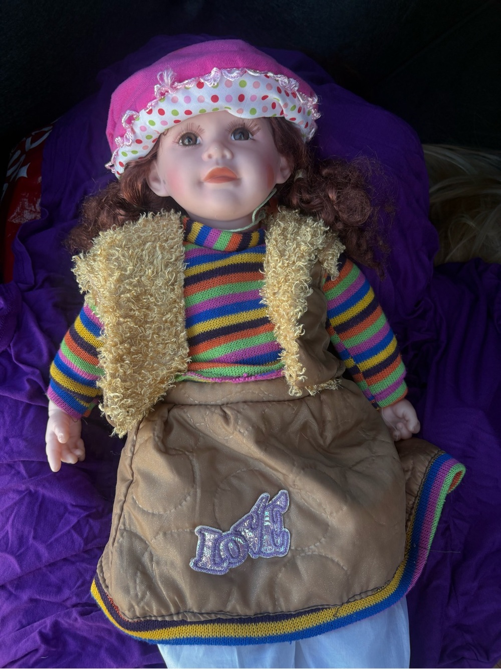 Pink-Hat Plush Face Kids Doll with Striped Outfit